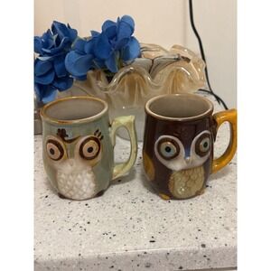 Gibson Home Owl Coffee Mug Set of 2 Ceramic Green Brown Dishwasher Safe